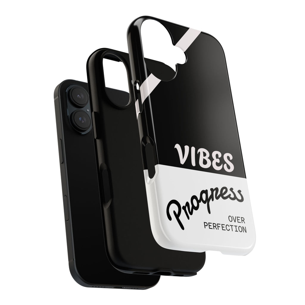 Phone Case — "Vibes: Progress Over Perfection" Motivational Black Protective Case
