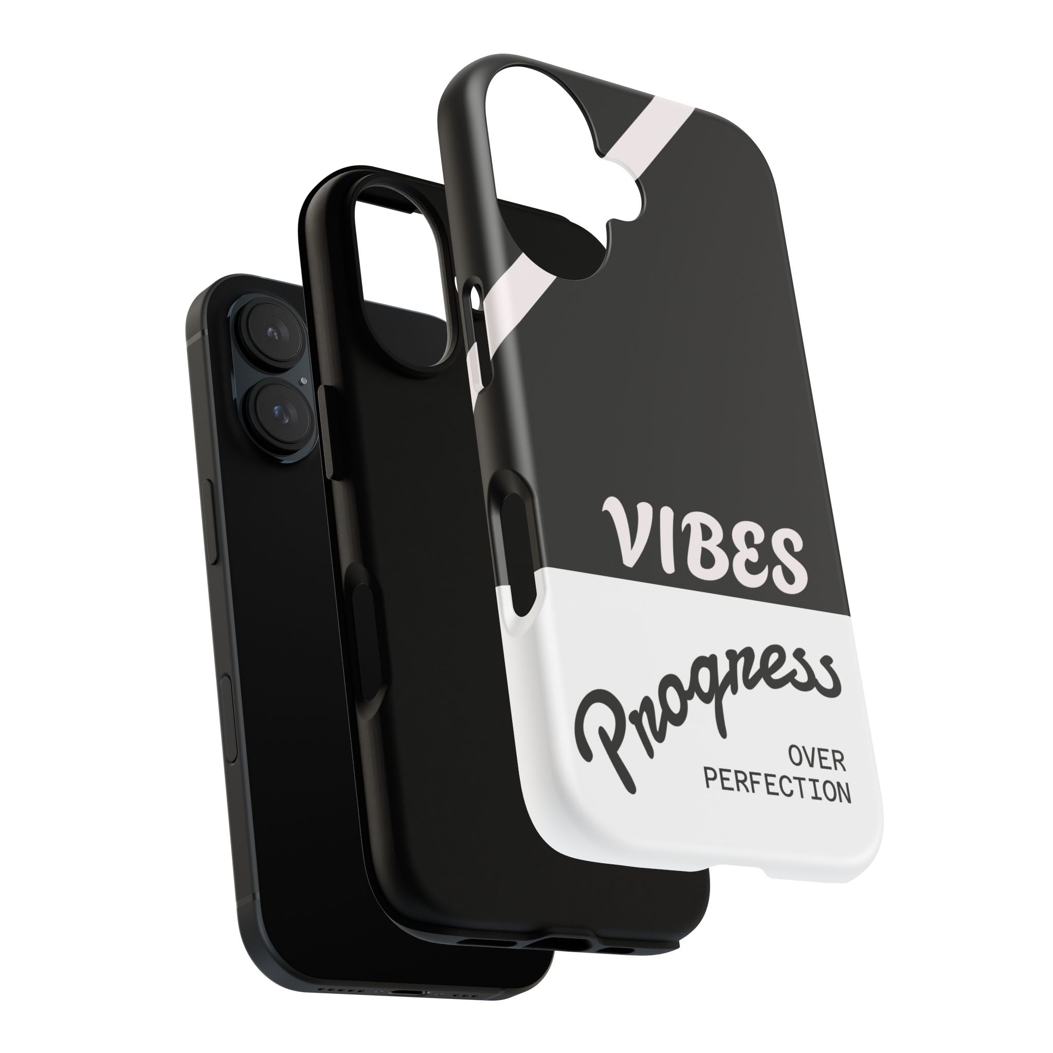Phone Case — "Vibes: Progress Over Perfection" Motivational Black Protective Case