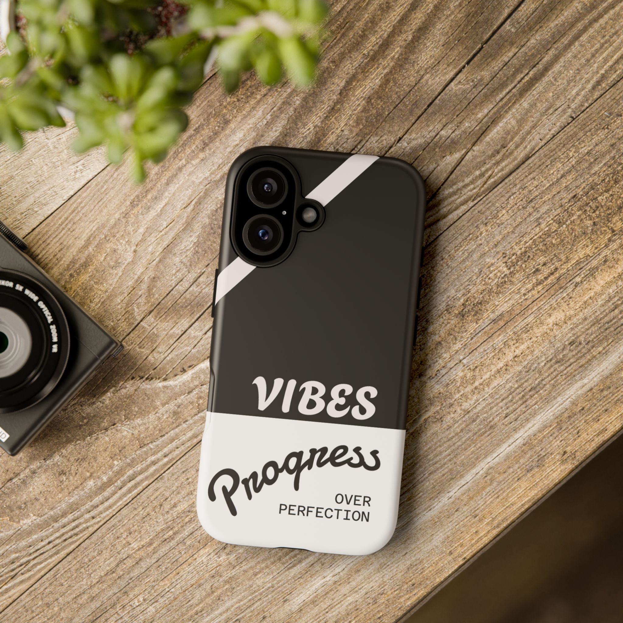 Phone Case — "Vibes: Progress Over Perfection" Motivational Black Protective Case